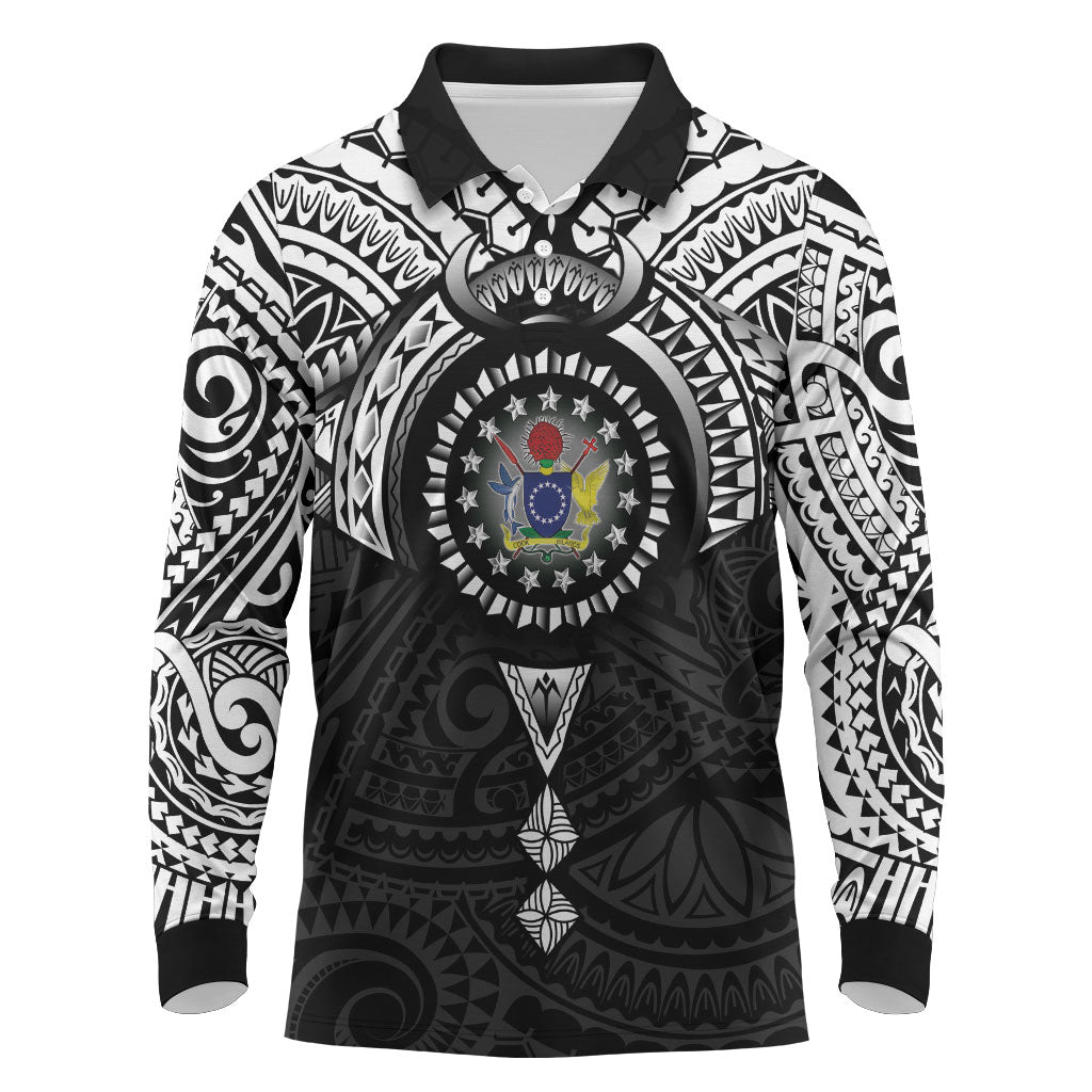 Cook Islands Manta Ray Long Sleeve Polo Shirt Kuki Airani Tattoo Black Color