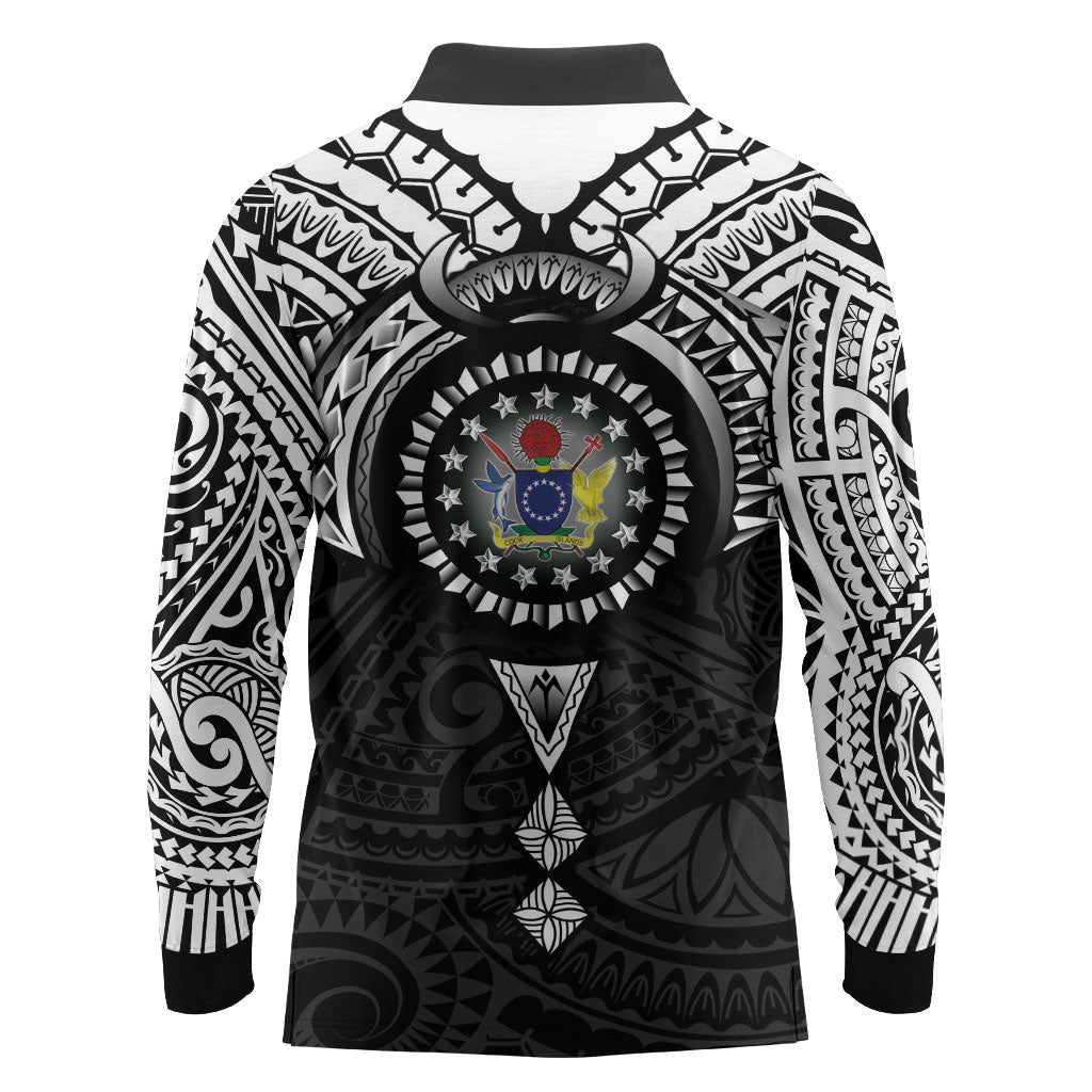Cook Islands Manta Ray Long Sleeve Polo Shirt Kuki Airani Tattoo Black Color