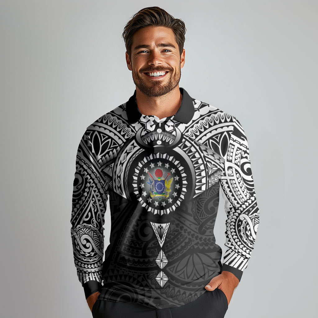Cook Islands Manta Ray Long Sleeve Polo Shirt Kuki Airani Tattoo Black Color