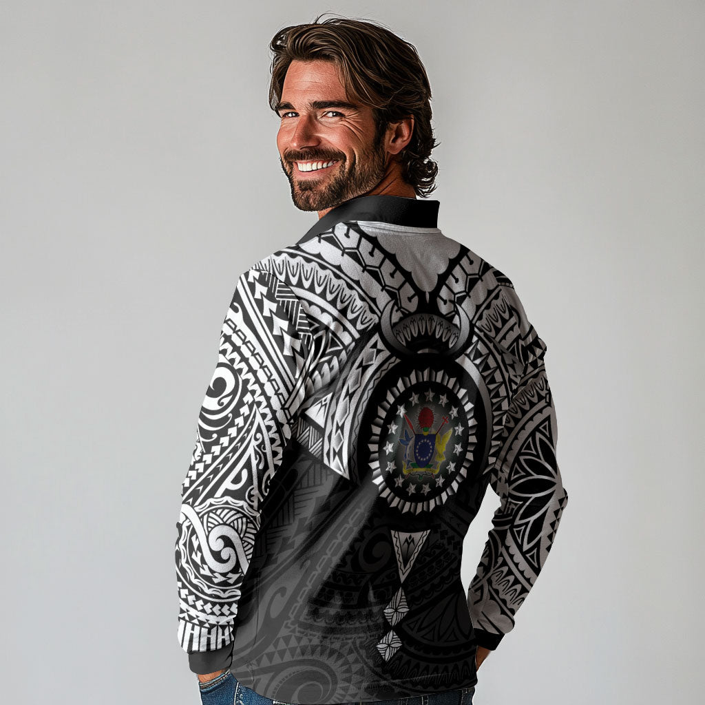 Cook Islands Manta Ray Long Sleeve Polo Shirt Kuki Airani Tattoo Black Color