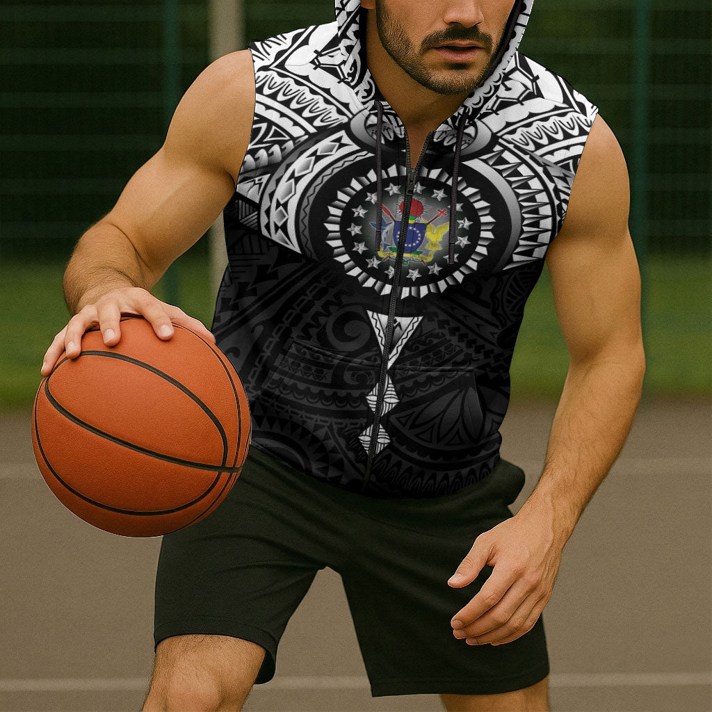 Cook Islands Manta Ray Sleeveless Zip Hoodie Kuki Airani Tattoo Black Color