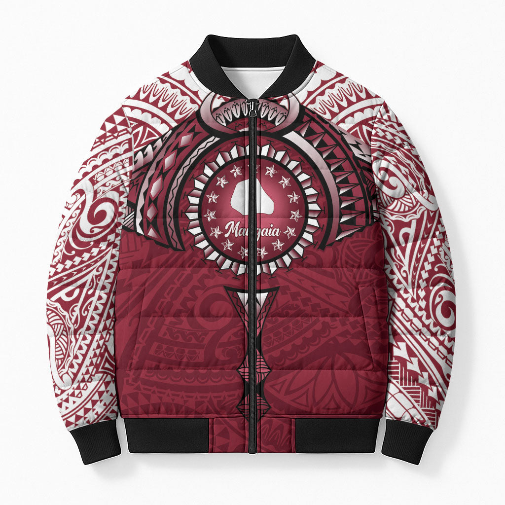 Personalised Cook Islands Mangaia Bomber Puffer Jacket Map With Kuki Airani Manta Ray Tattoo LT14 Unisex Maroon - Polynesian Pride