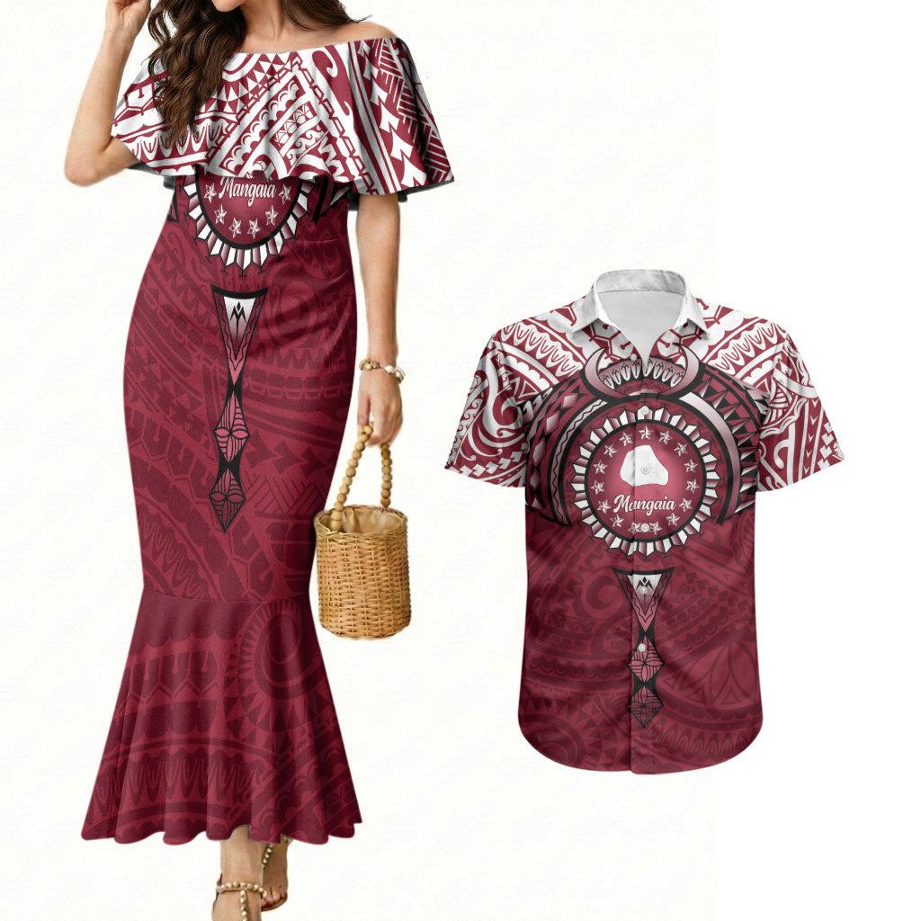 Personalised Cook Islands Mangaia Couples Matching Mermaid Dress and Hawaiian Shirt Map With Kuki Airani Manta Ray Tattoo LT14 Maroon - Polynesian Pride