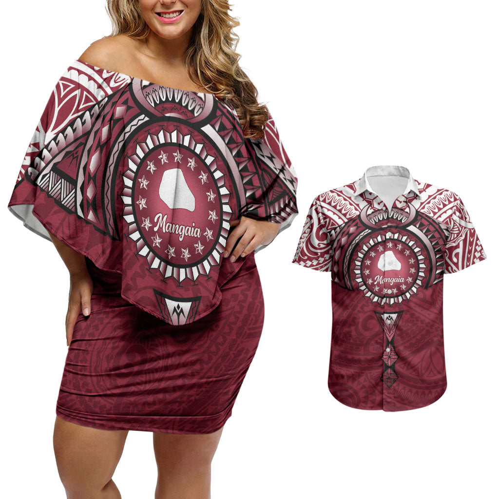 Personalised Cook Islands Mangaia Couples Matching Off Shoulder Short Dress and Hawaiian Shirt Map With Kuki Airani Manta Ray Tattoo LT14 Maroon - Polynesian Pride