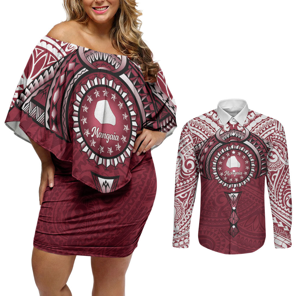 Personalised Cook Islands Mangaia Couples Matching Off Shoulder Short Dress and Long Sleeve Button Shirt Map With Kuki Airani Manta Ray Tattoo LT14 Maroon - Polynesian Pride