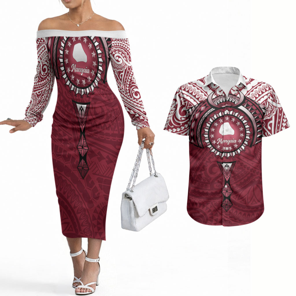 Personalised Cook Islands Mangaia Couples Matching Off The Shoulder Long Sleeve Dress and Hawaiian Shirt Map With Kuki Airani Manta Ray Tattoo LT14 Maroon - Polynesian Pride