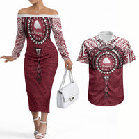 Personalised Cook Islands Mangaia Couples Matching Off The Shoulder Long Sleeve Dress and Hawaiian Shirt Map With Kuki Airani Manta Ray Tattoo LT14 Maroon - Polynesian Pride