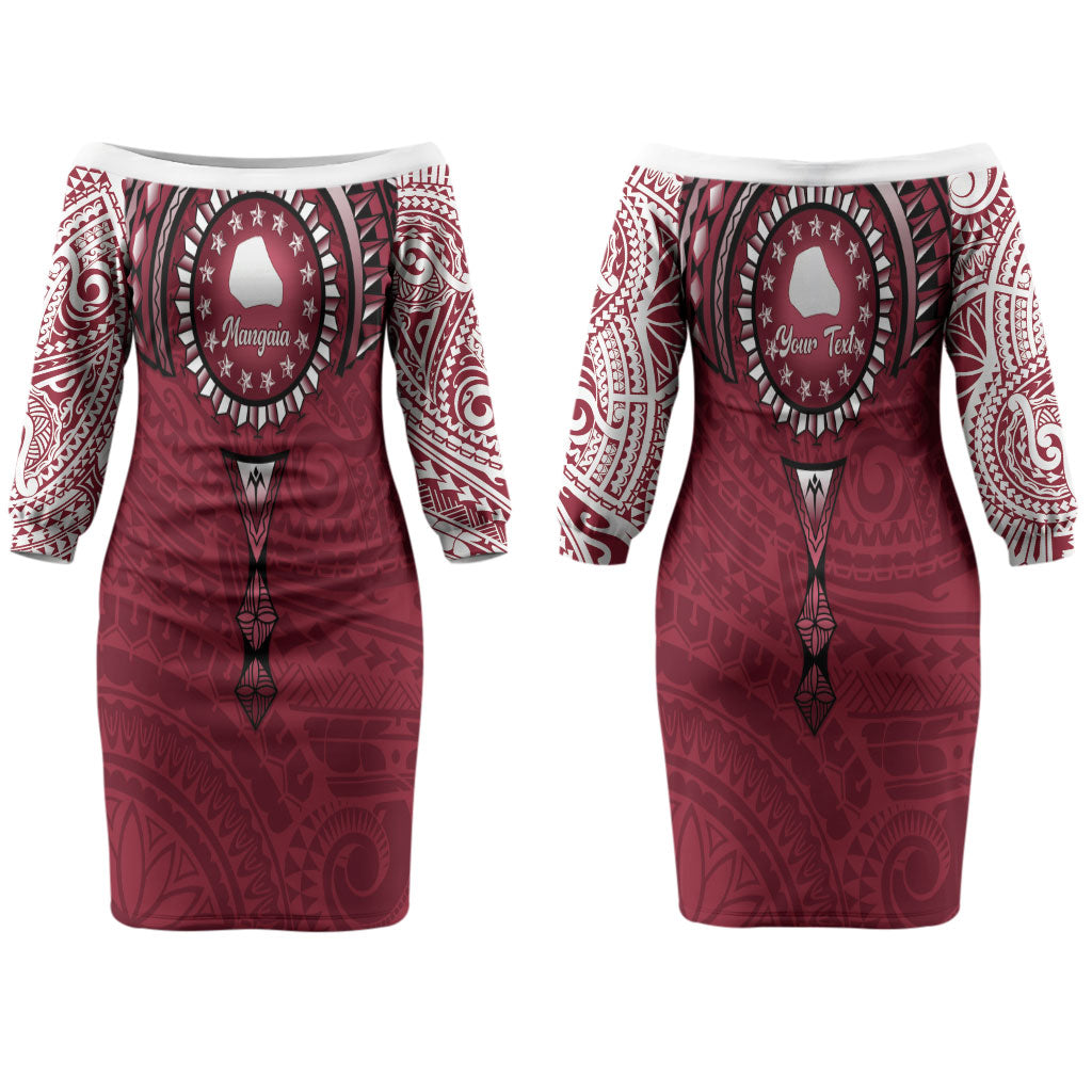 Personalised Cook Islands Mangaia Couples Matching Off The Shoulder Long Sleeve Dress and Hawaiian Shirt Map With Kuki Airani Manta Ray Tattoo LT14 - Polynesian Pride