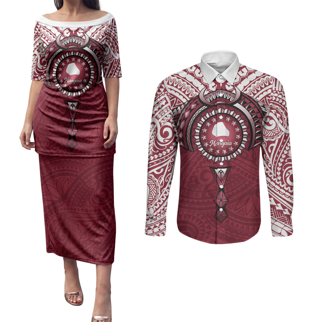 Personalised Cook Islands Mangaia Couples Matching Puletasi and Long Sleeve Button Shirt Map With Kuki Airani Manta Ray Tattoo LT14 Maroon - Polynesian Pride