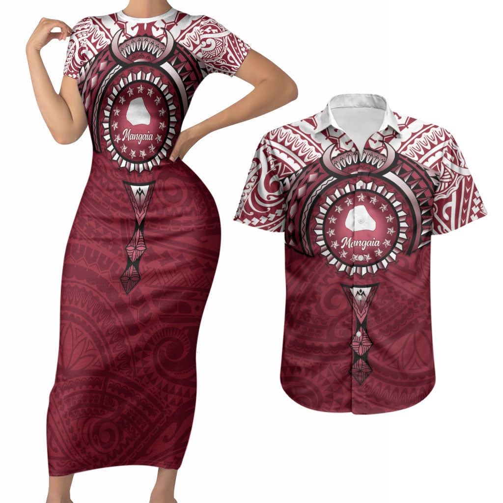 Personalised Cook Islands Mangaia Couples Matching Short Sleeve Bodycon Dress and Hawaiian Shirt Map With Kuki Airani Manta Ray Tattoo LT14 Maroon - Polynesian Pride