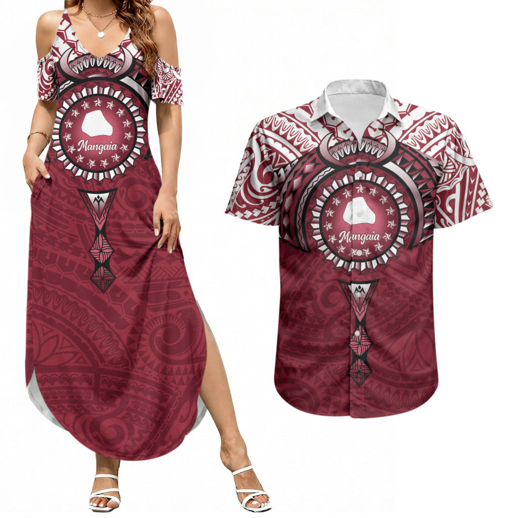 Personalised Cook Islands Mangaia Couples Matching Summer Maxi Dress and Hawaiian Shirt Map With Kuki Airani Manta Ray Tattoo LT14 Maroon - Polynesian Pride