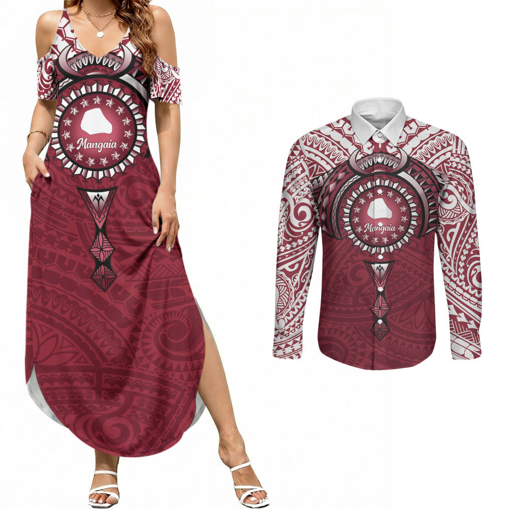 Personalised Cook Islands Mangaia Couples Matching Summer Maxi Dress and Long Sleeve Button Shirt Map With Kuki Airani Manta Ray Tattoo LT14 Maroon - Polynesian Pride