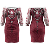 Personalised Cook Islands Mangaia Family Matching Off The Shoulder Long Sleeve Dress and Hawaiian Shirt Map With Kuki Airani Manta Ray Tattoo LT14 Mom's Dress Maroon - Polynesian Pride