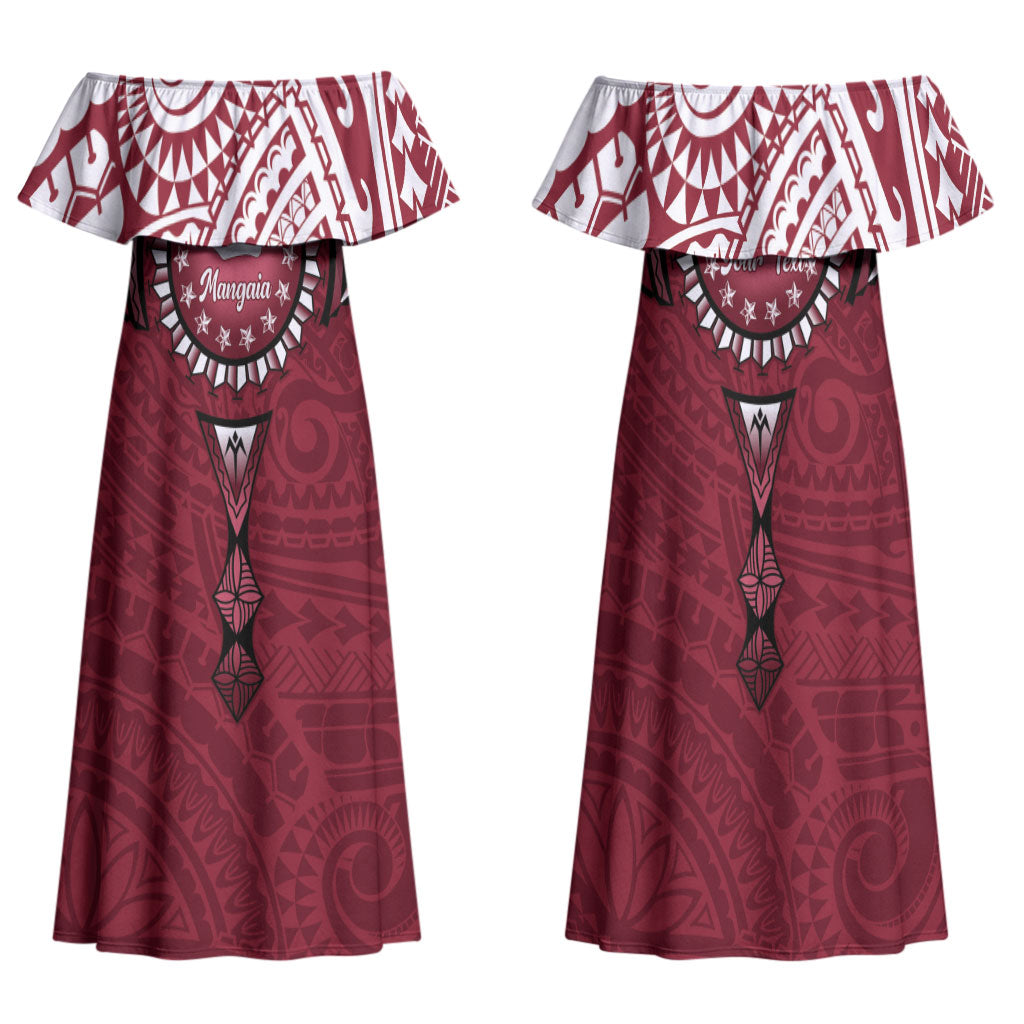 Personalised Cook Islands Mangaia Family Matching Off Shoulder Maxi Dress and Hawaiian Shirt Map With Kuki Airani Manta Ray Tattoo LT14 Mom's Dress Maroon - Polynesian Pride