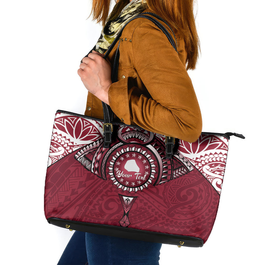 Personalised Cook Islands Mangaia Leather Tote Bag Map With Kuki Airani Manta Ray Tattoo LT14 Maroon - Polynesian Pride