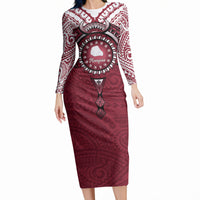 Personalised Cook Islands Mangaia Long Sleeve Bodycon Dress Map With Kuki Airani Manta Ray Tattoo