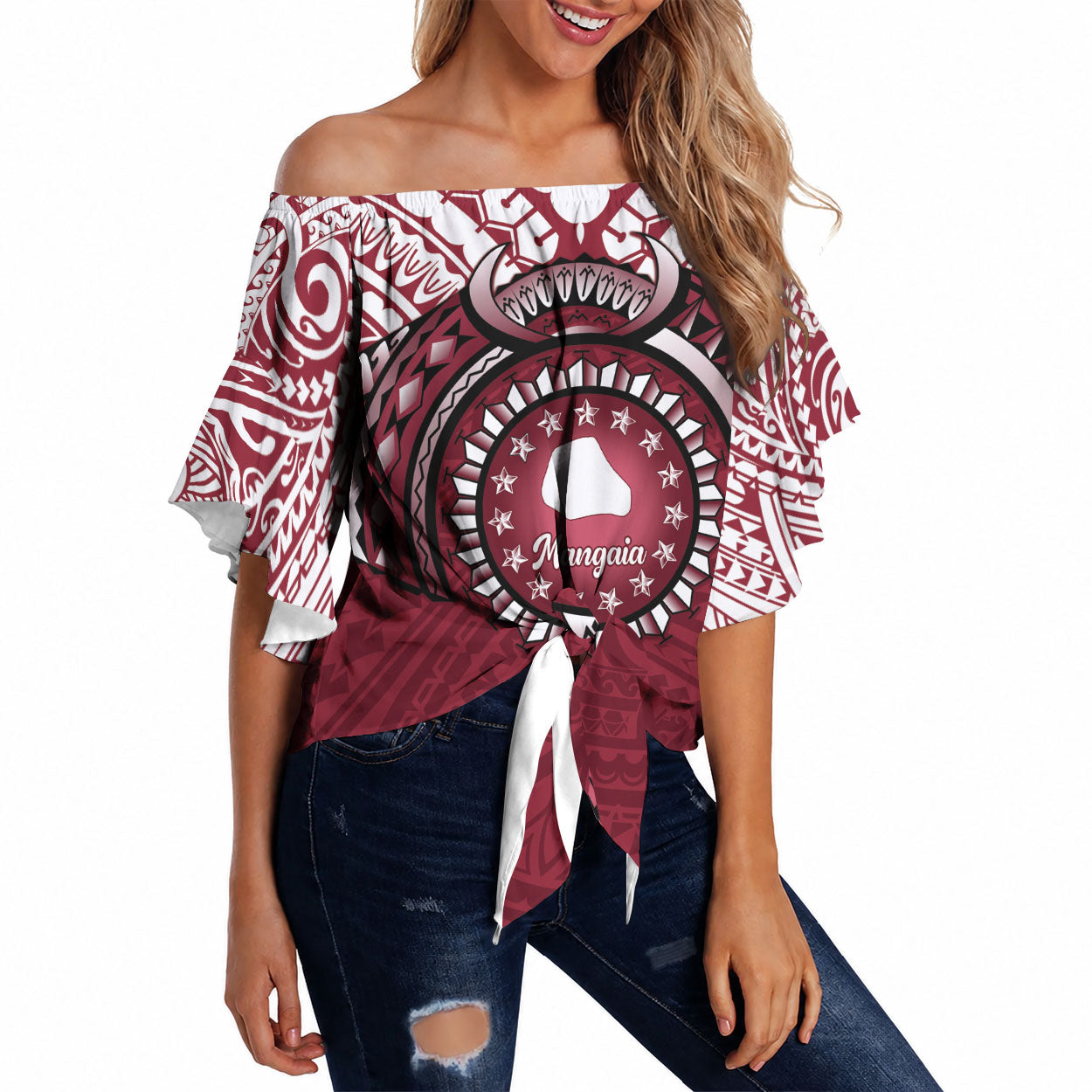 Personalised Cook Islands Mangaia Off Shoulder Wrap Waist Top Map With Kuki Airani Manta Ray Tattoo LT14 Maroon - Polynesian Pride