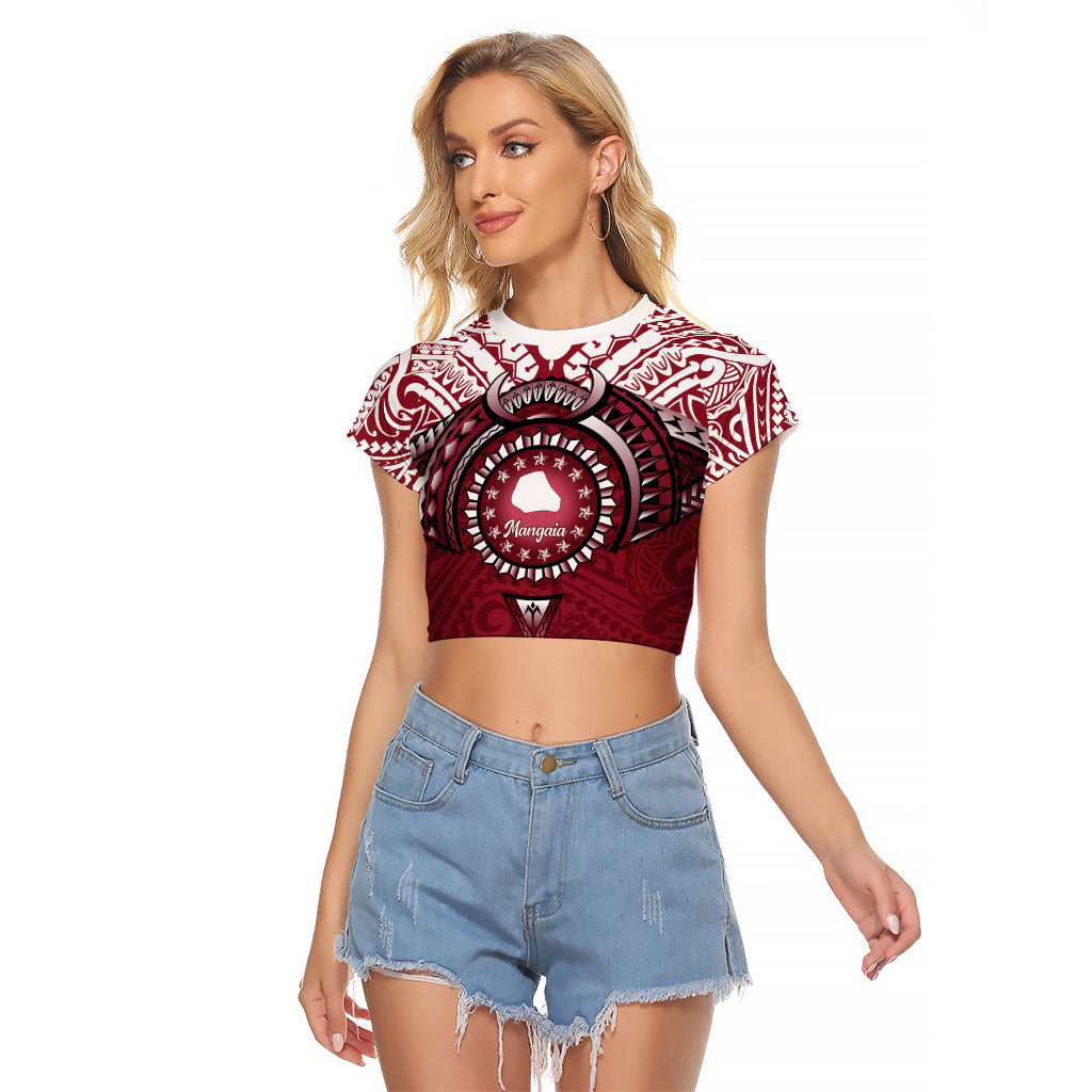 Personalised Cook Islands Mangaia Raglan Cropped T Shirt Map With Kuki Airani Manta Ray Tattoo LT14 Female Maroon - Polynesian Pride