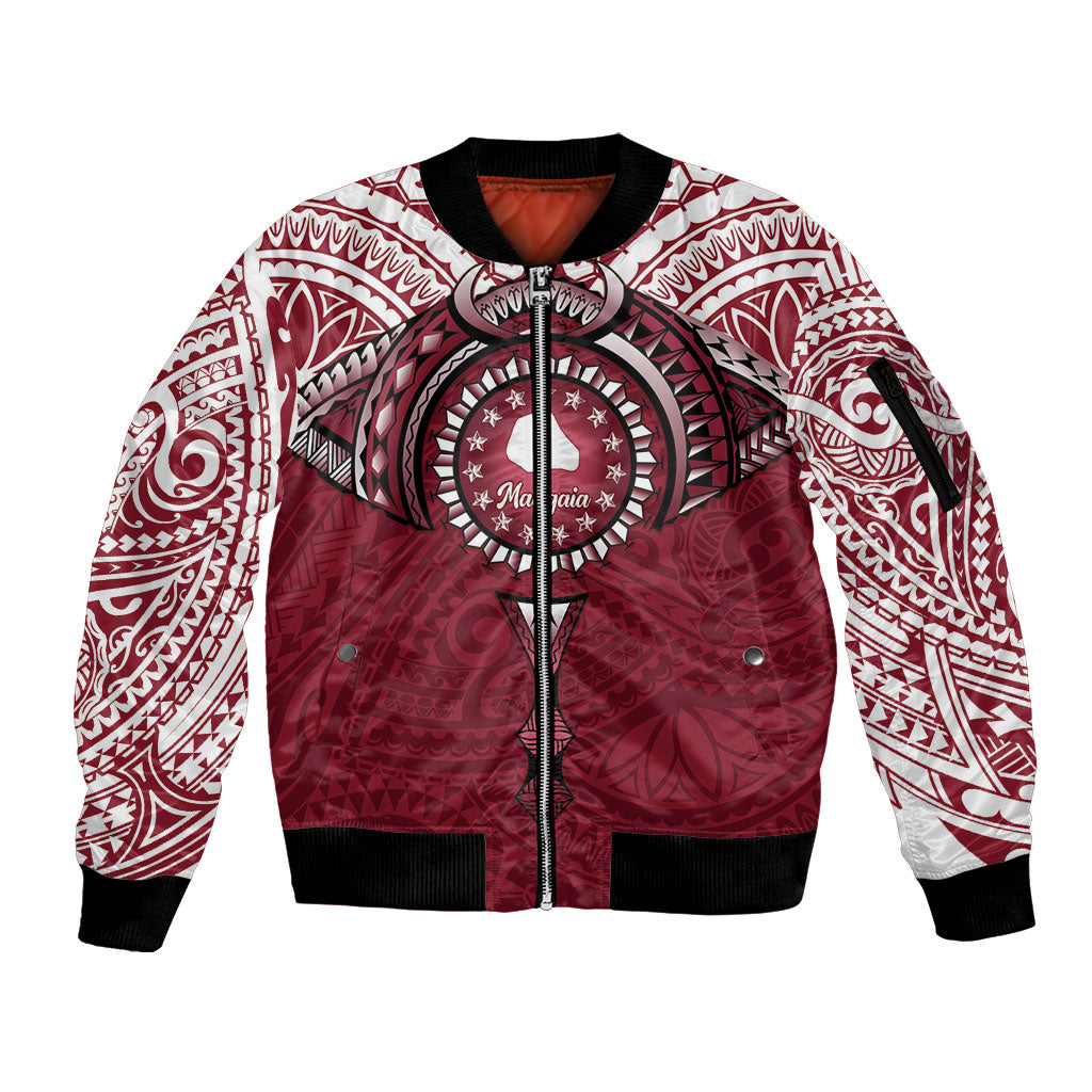 Personalised Cook Islands Mangaia Sleeve Zip Bomber Jacket Map With Kuki Airani Manta Ray Tattoo LT14 Unisex Maroon - Polynesian Pride
