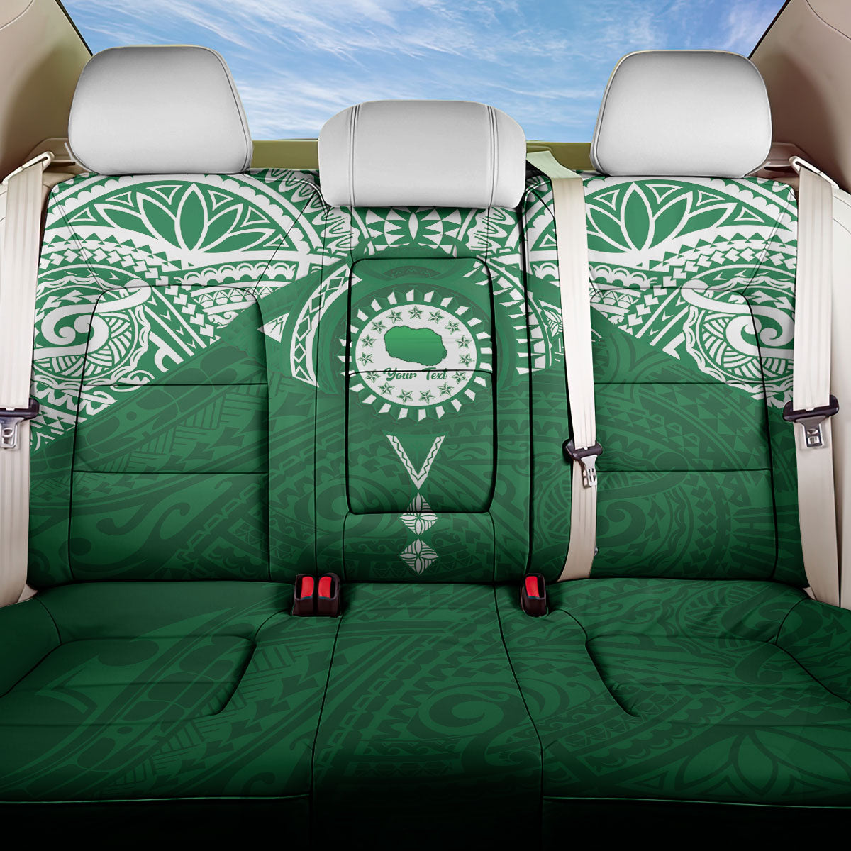 Personalised Cook Islands Rarotonga Back Car Seat Cover Map With Kuki Airani Manta Ray Tattoo LT14 One Size Green - Polynesian Pride