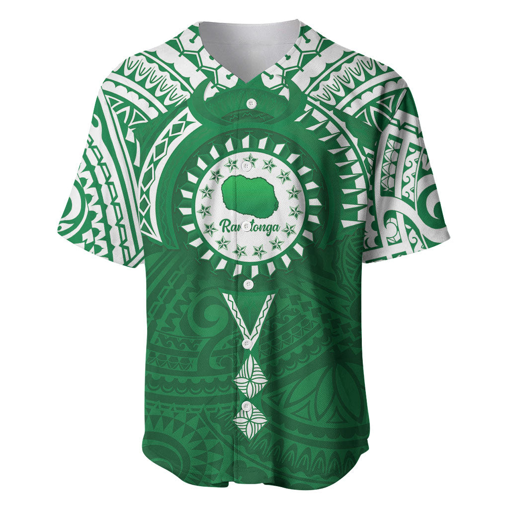 Personalised Cook Islands Rarotonga Baseball Jersey Map With Kuki Airani Manta Ray Tattoo LT14 Green - Polynesian Pride