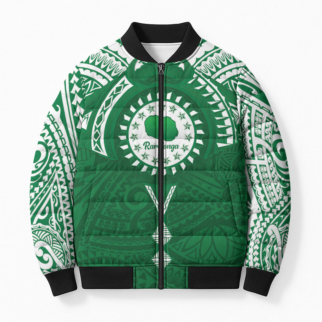 Personalised Cook Islands Rarotonga Bomber Puffer Jacket Map With Kuki Airani Manta Ray Tattoo LT14 Unisex Green - Polynesian Pride