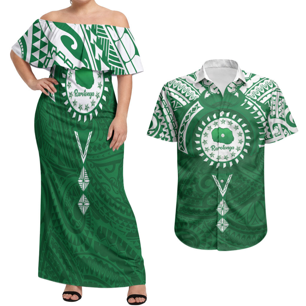 Personalised Cook Islands Rarotonga Couples Matching Off Shoulder Maxi Dress and Hawaiian Shirt Map With Kuki Airani Manta Ray Tattoo LT14 Green - Polynesian Pride