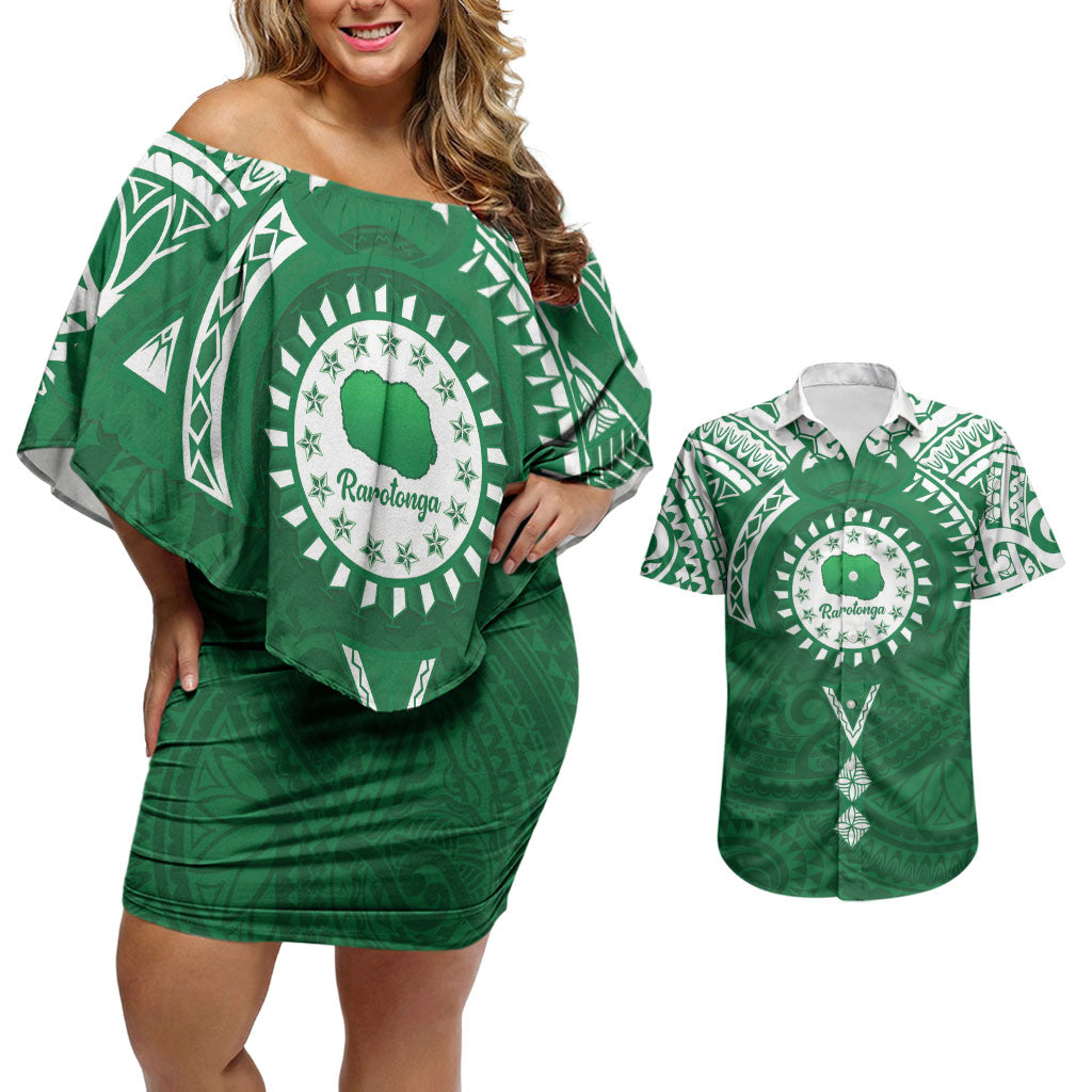 Personalised Cook Islands Rarotonga Couples Matching Off Shoulder Short Dress and Hawaiian Shirt Map With Kuki Airani Manta Ray Tattoo LT14 Green - Polynesian Pride