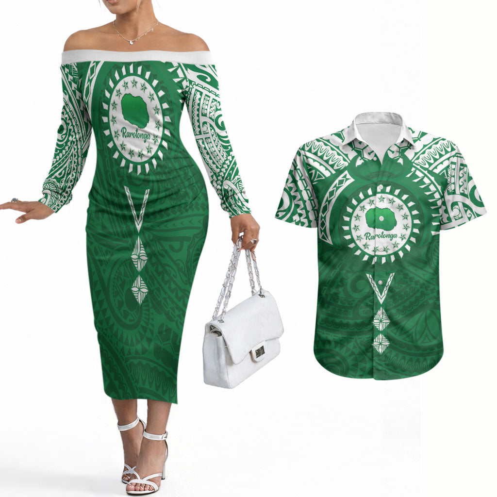 Personalised Cook Islands Rarotonga Couples Matching Off The Shoulder Long Sleeve Dress and Hawaiian Shirt Map With Kuki Airani Manta Ray Tattoo LT14 Green - Polynesian Pride