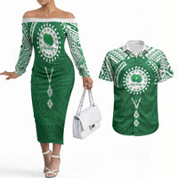 Personalised Cook Islands Rarotonga Couples Matching Off The Shoulder Long Sleeve Dress and Hawaiian Shirt Map With Kuki Airani Manta Ray Tattoo LT14 Green - Polynesian Pride