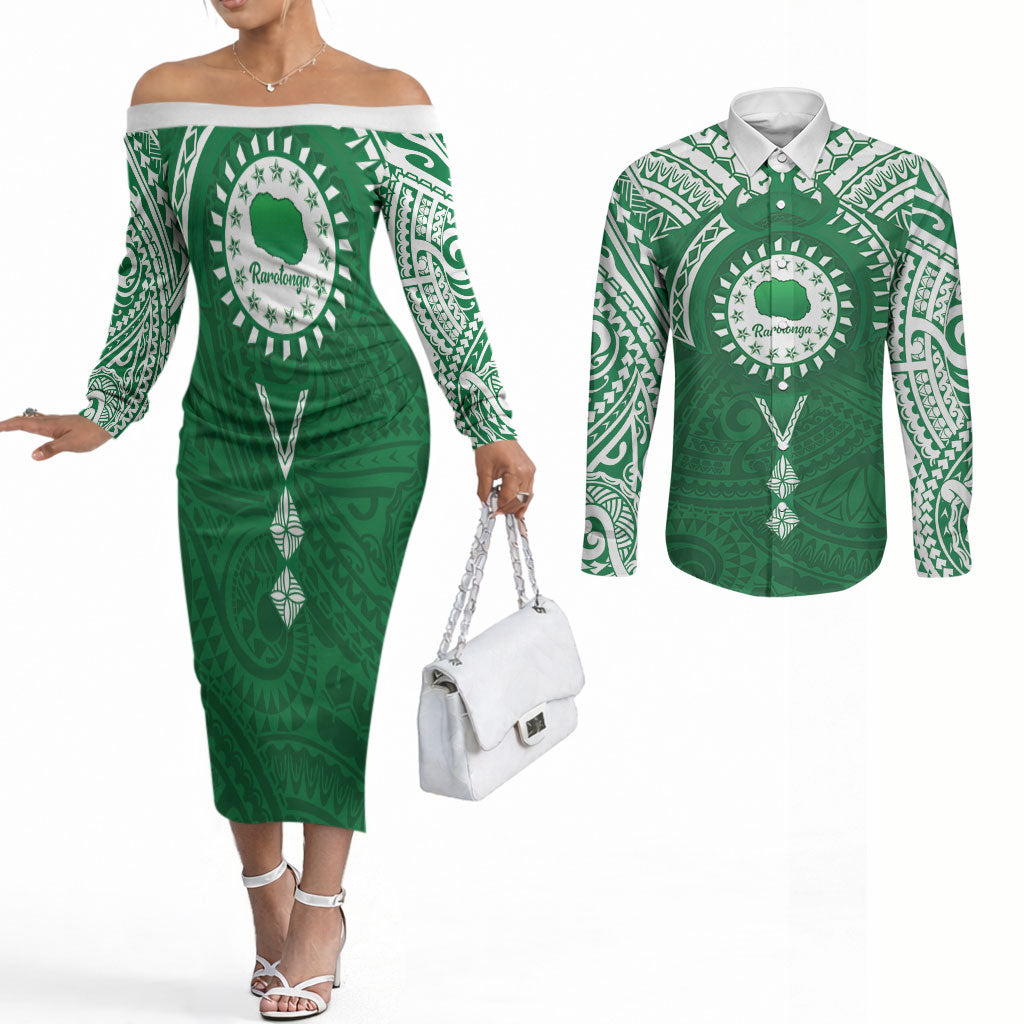 Personalised Cook Islands Rarotonga Couples Matching Off The Shoulder Long Sleeve Dress and Long Sleeve Button Shirt Map With Kuki Airani Manta Ray Tattoo LT14 Green - Polynesian Pride