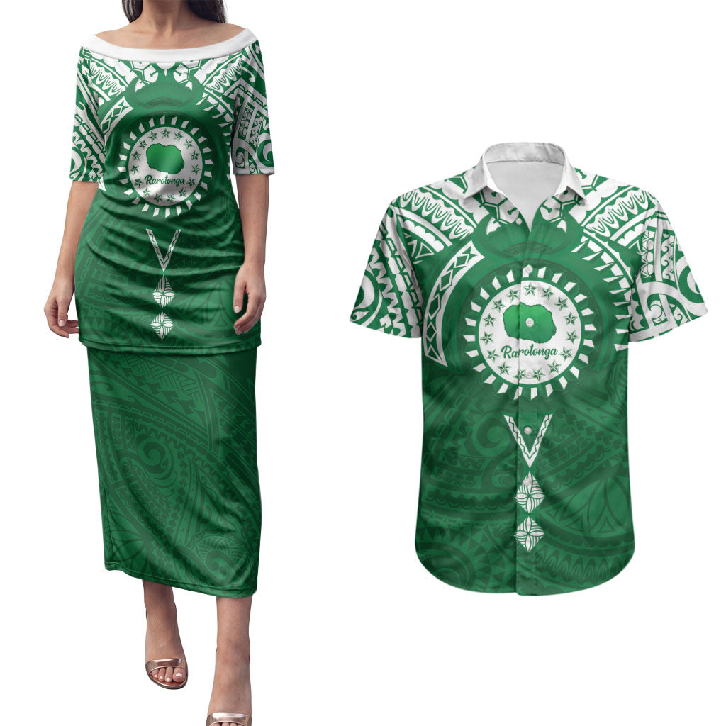 Personalised Cook Islands Rarotonga Couples Matching Puletasi and Hawaiian Shirt Map With Kuki Airani Manta Ray Tattoo LT14 Green - Polynesian Pride