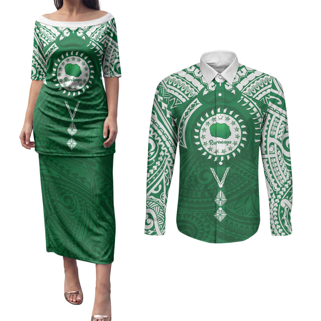 Personalised Cook Islands Rarotonga Couples Matching Puletasi and Long Sleeve Button Shirt Map With Kuki Airani Manta Ray Tattoo LT14 Green - Polynesian Pride