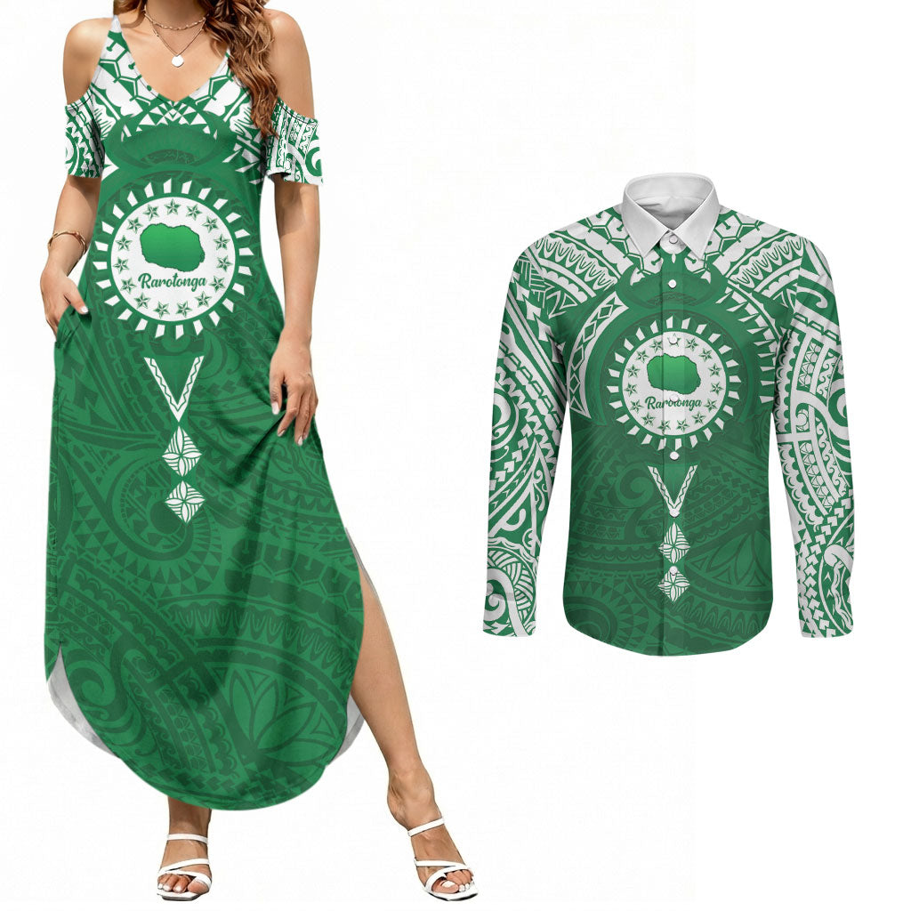 Personalised Cook Islands Rarotonga Couples Matching Summer Maxi Dress and Long Sleeve Button Shirt Map With Kuki Airani Manta Ray Tattoo LT14 Green - Polynesian Pride