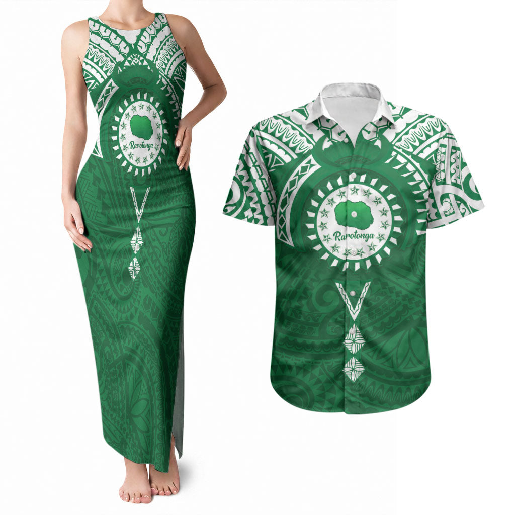 Personalised Cook Islands Rarotonga Couples Matching Tank Maxi Dress and Hawaiian Shirt Map With Kuki Airani Manta Ray Tattoo LT14 Green - Polynesian Pride