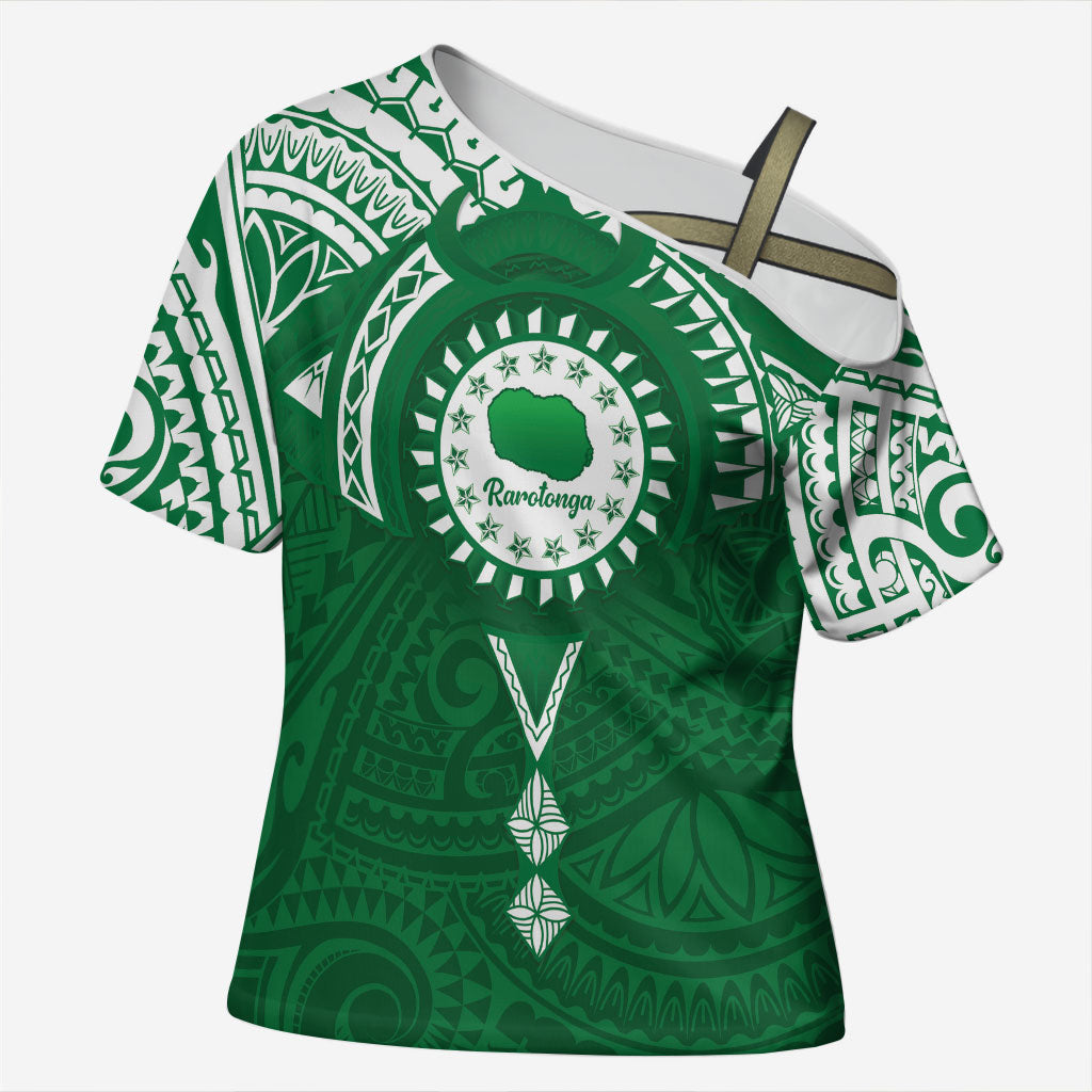 Personalised Cook Islands Rarotonga Cross Shoulder Shirt Map With Kuki Airani Manta Ray Tattoo LT14 Female Green - Polynesian Pride