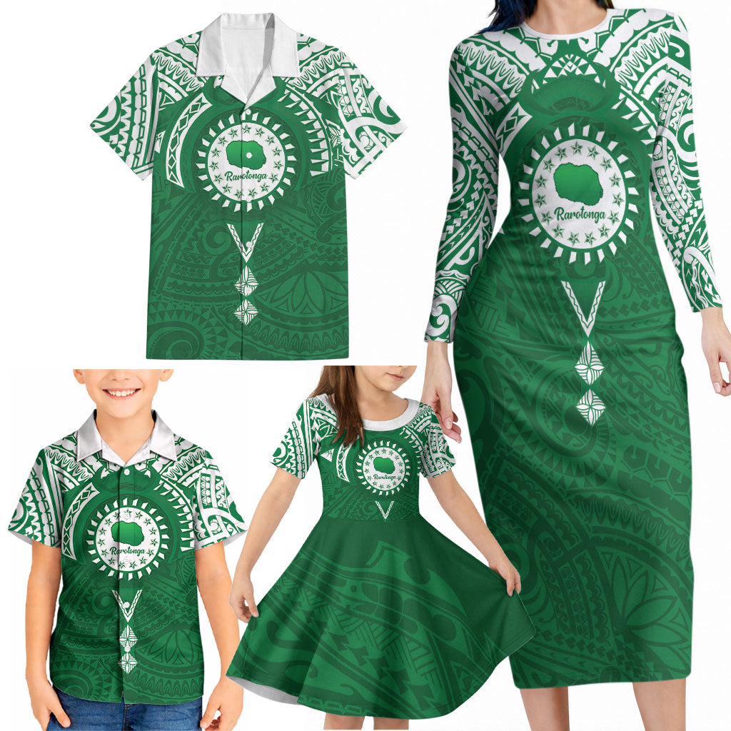 Personalised Cook Islands Rarotonga Family Matching Long Sleeve Bodycon Dress and Hawaiian Shirt Map With Kuki Airani Manta Ray Tattoo LT14 - Polynesian Pride