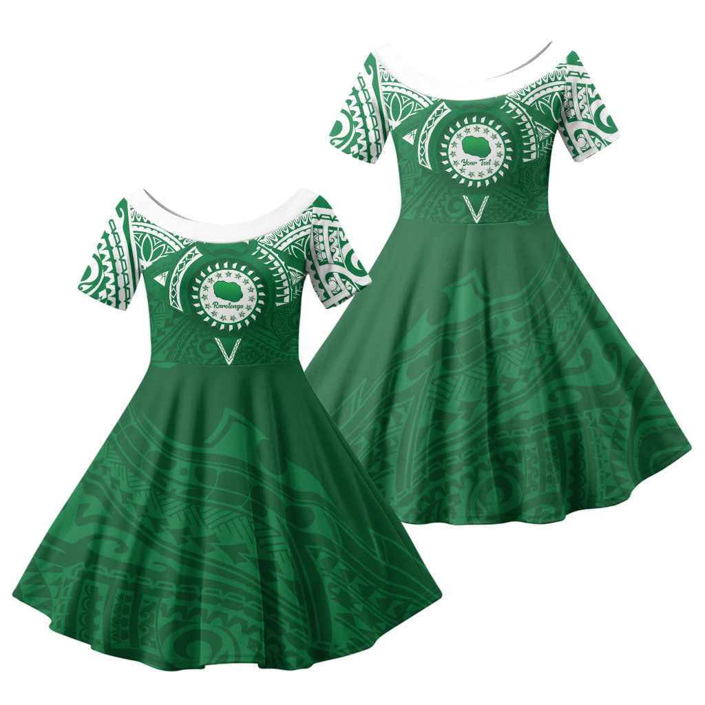 Personalised Cook Islands Rarotonga Family Matching Mermaid Dress and Hawaiian Shirt Map With Kuki Airani Manta Ray Tattoo LT14 Daughter's Dress Green - Polynesian Pride