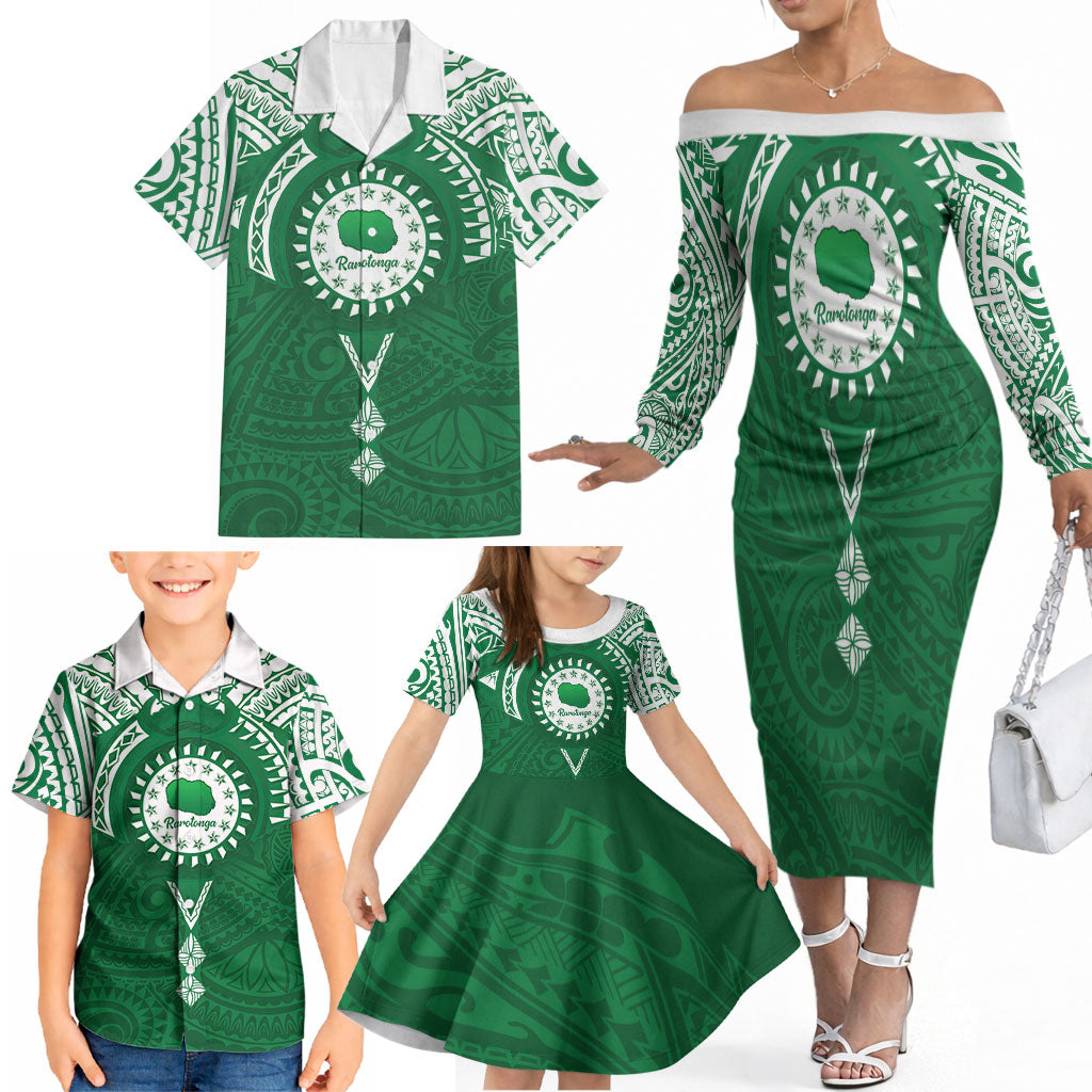 Personalised Cook Islands Rarotonga Family Matching Off The Shoulder Long Sleeve Dress and Hawaiian Shirt Map With Kuki Airani Manta Ray Tattoo LT14 - Polynesian Pride