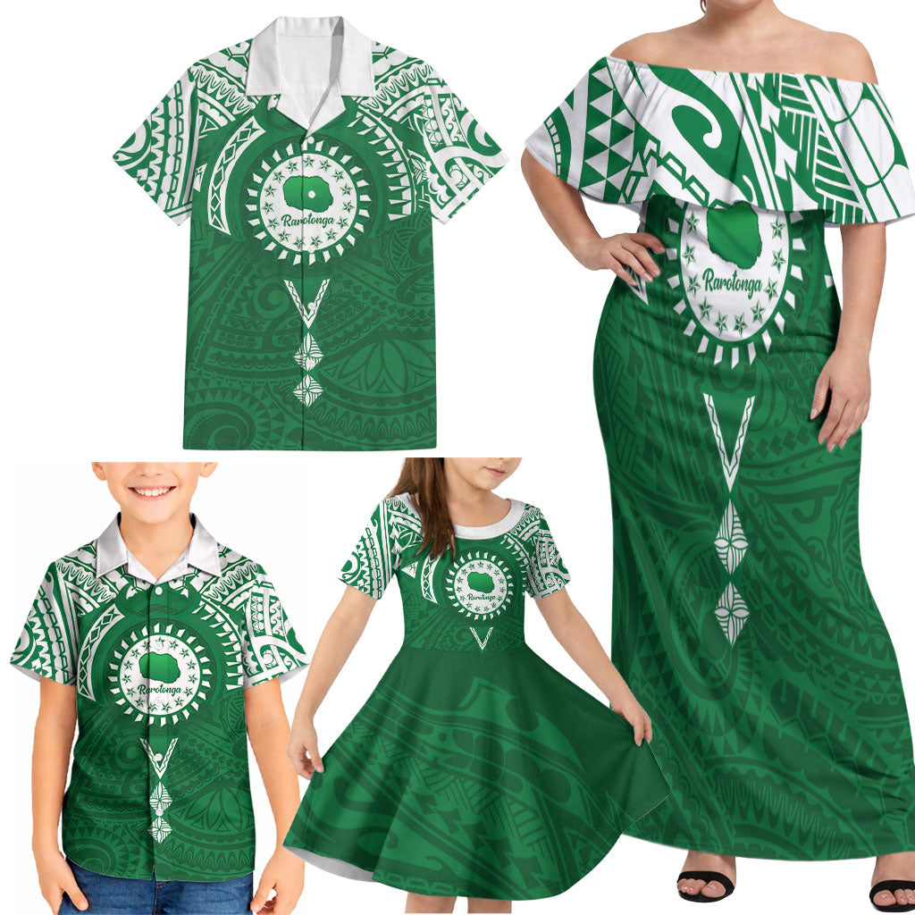 Personalised Cook Islands Rarotonga Family Matching Off Shoulder Maxi Dress and Hawaiian Shirt Map With Kuki Airani Manta Ray Tattoo LT14 - Polynesian Pride