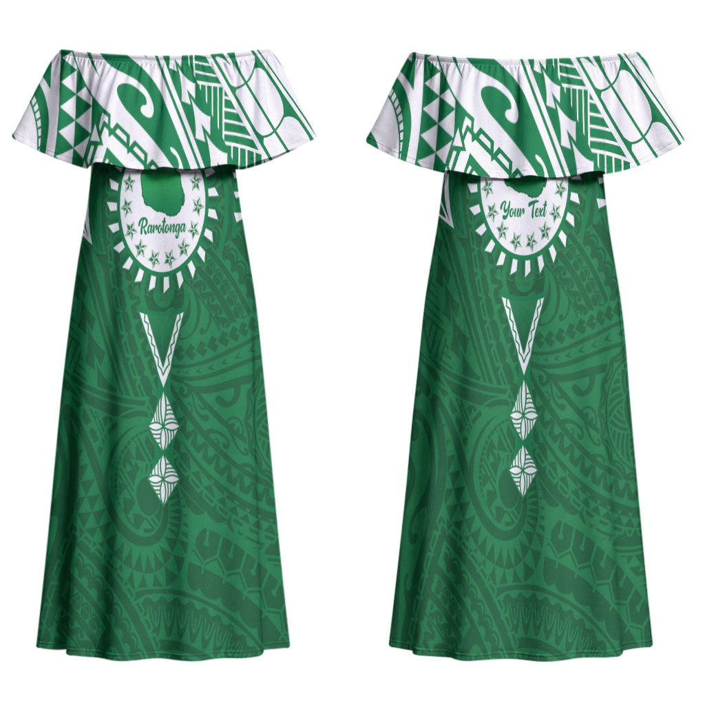 Personalised Cook Islands Rarotonga Family Matching Off Shoulder Maxi Dress and Hawaiian Shirt Map With Kuki Airani Manta Ray Tattoo LT14 Mom's Dress Green - Polynesian Pride