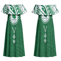Personalised Cook Islands Rarotonga Family Matching Off Shoulder Maxi Dress and Hawaiian Shirt Map With Kuki Airani Manta Ray Tattoo LT14 Mom's Dress Green - Polynesian Pride