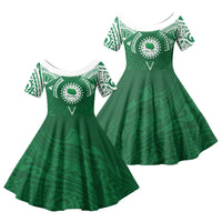 Personalised Cook Islands Rarotonga Family Matching Off Shoulder Maxi Dress and Hawaiian Shirt Map With Kuki Airani Manta Ray Tattoo LT14 Daughter's Dress Green - Polynesian Pride