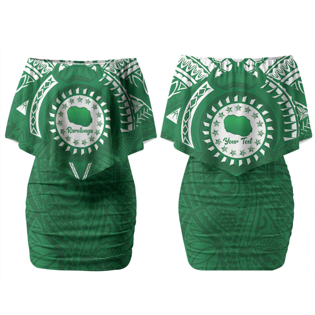 Personalised Cook Islands Rarotonga Family Matching Off Shoulder Short Dress and Hawaiian Shirt Map With Kuki Airani Manta Ray Tattoo LT14 Mom's Dress Green - Polynesian Pride
