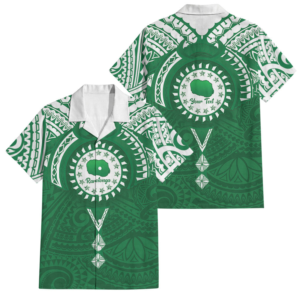 Personalised Cook Islands Rarotonga Family Matching Off Shoulder Short Dress and Hawaiian Shirt Map With Kuki Airani Manta Ray Tattoo LT14 Dad's Shirt - Short Sleeve Green - Polynesian Pride