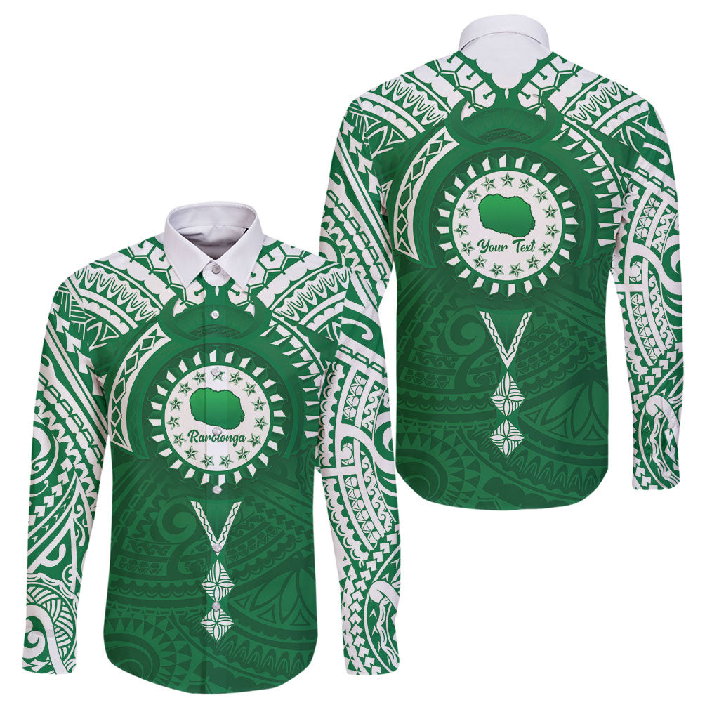Personalised Cook Islands Rarotonga Family Matching Short Sleeve Bodycon Dress and Hawaiian Shirt Map With Kuki Airani Manta Ray Tattoo LT14 Dad's Shirt - Long Sleeve Green - Polynesian Pride