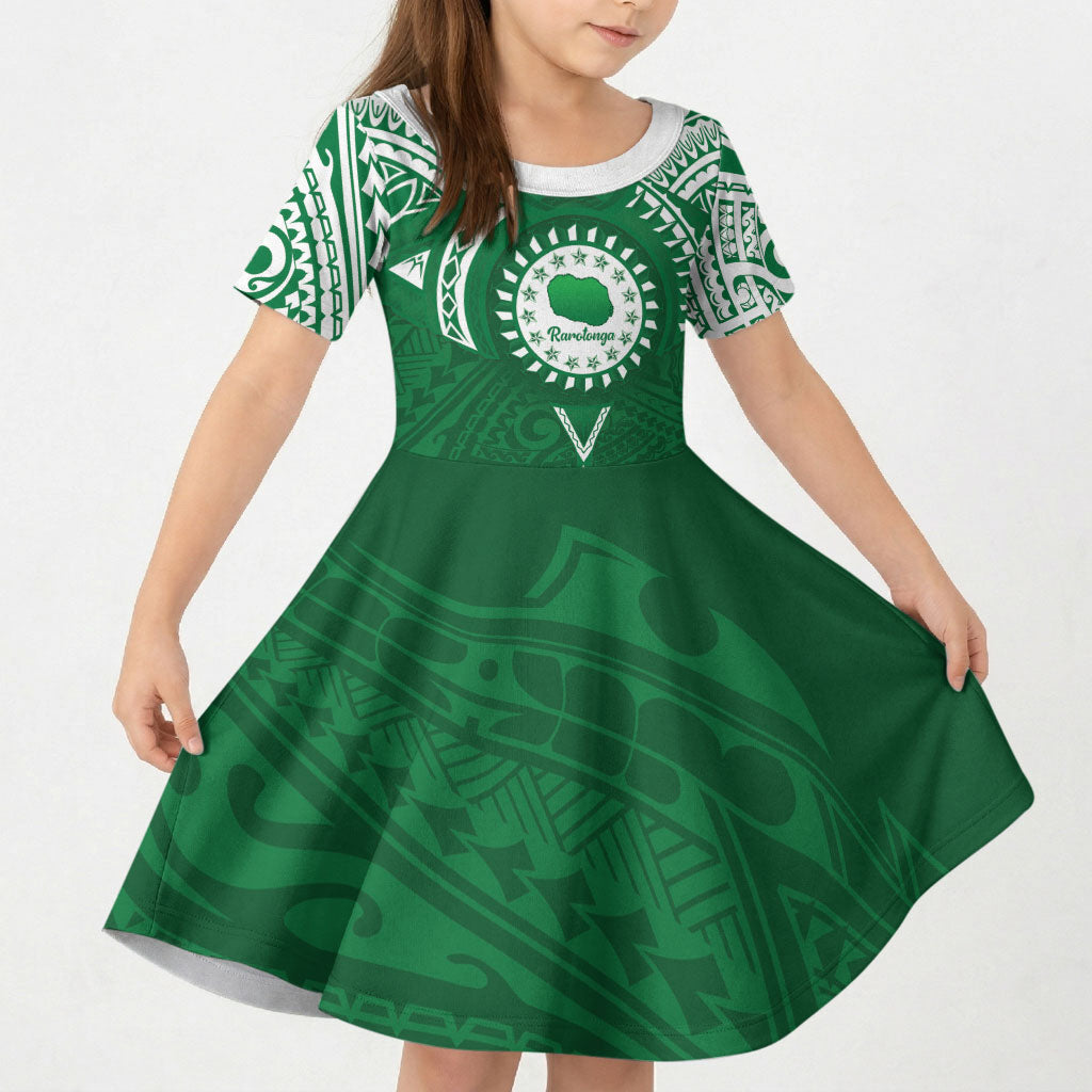 Personalised Cook Islands Rarotonga Kid Short Sleeve Dress Map With Kuki Airani Manta Ray Tattoo LT14 KID Green - Polynesian Pride