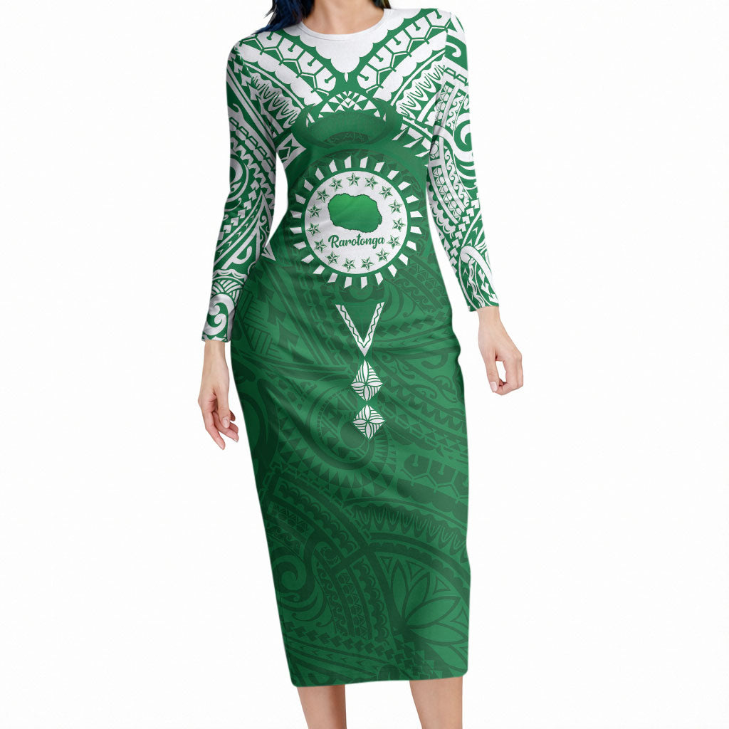 Personalised Cook Islands Rarotonga Long Sleeve Bodycon Dress Map With Kuki Airani Manta Ray Tattoo
