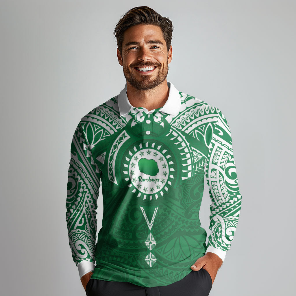 Personalised Cook Islands Rarotonga Long Sleeve Polo Shirt Map With Kuki Airani Manta Ray Tattoo