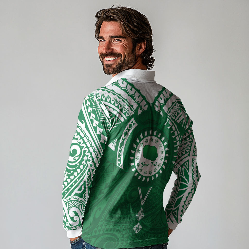 Personalised Cook Islands Rarotonga Long Sleeve Polo Shirt Map With Kuki Airani Manta Ray Tattoo